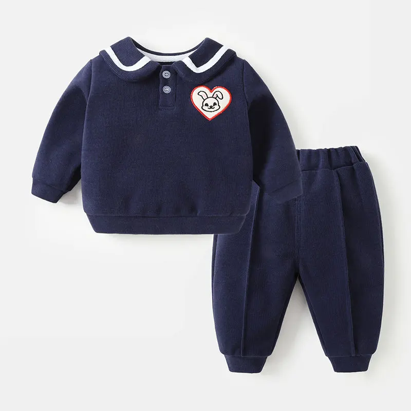 Ins Baby Girl Two-piece Clothes Set Rabbit Sticker Navy Collar Sweatshirt Cotton Solid Sport Pant Infant Toddler Girl Tracksuits