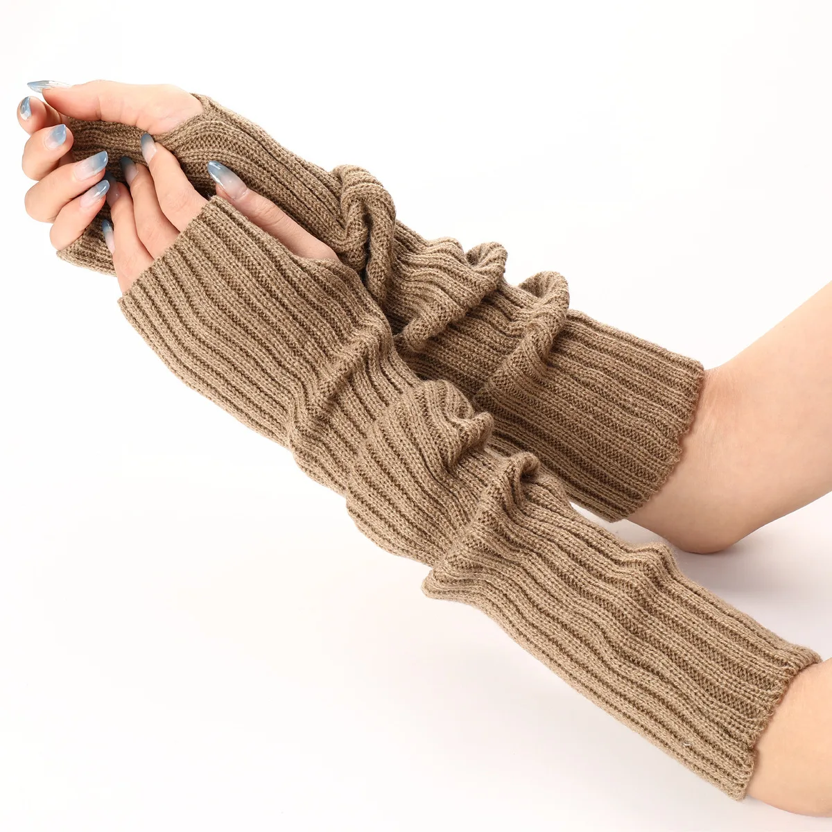 Unisex Extra‑Long Rib‑Knit Finger‑Cutout Arm‑Warmers Solid‑Color Slouchy Forearm‑Cuffs Fall‑Winter Cold‑Shield Y2K Knit‑Gloves