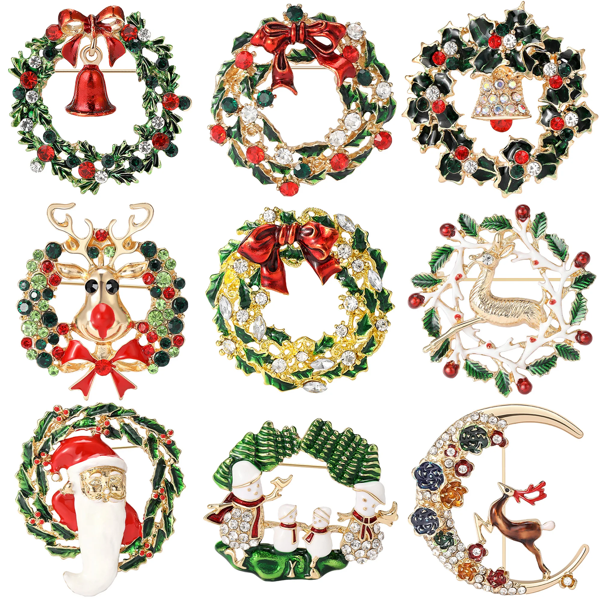 

Christmas Rhinestone Wreath Brooches for Women Unisex Enamel Bell Pin Office Party Friend Gifts Accessories