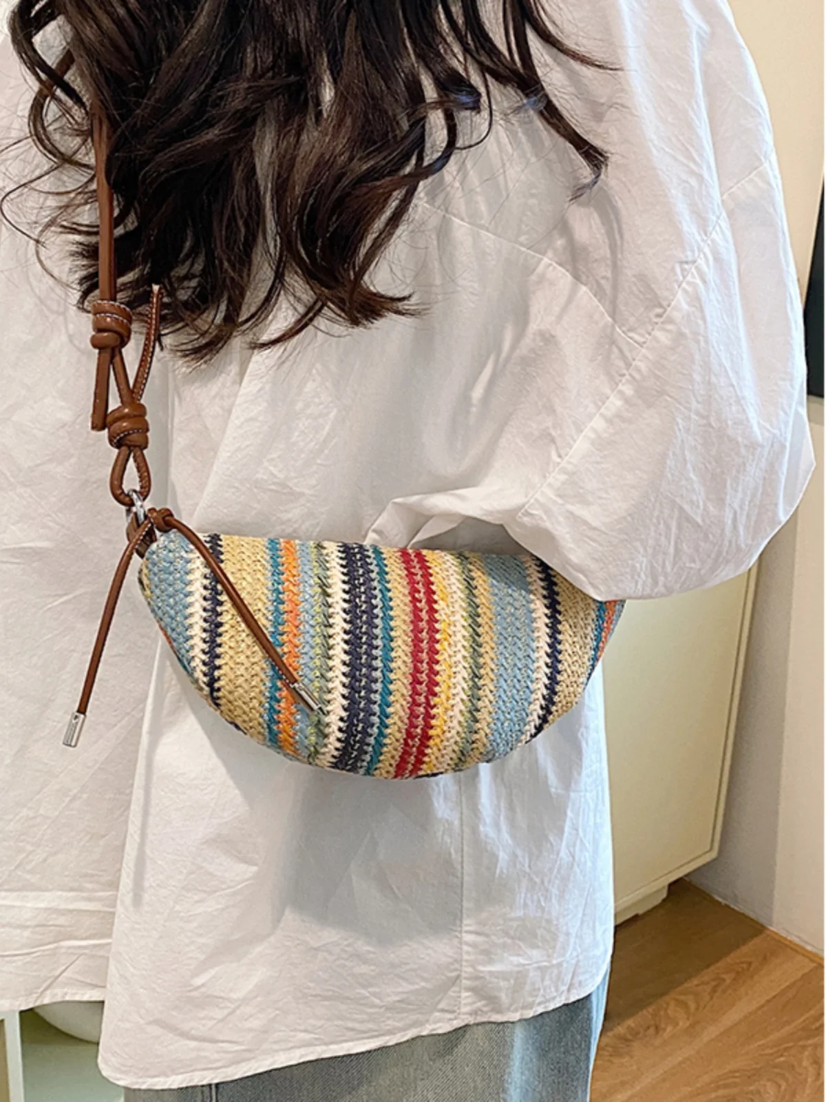 

Rainbow Color Block Woven Bag Women's Fashionable Versatile Crossbody Dumpling Bag Small Size Popular Modern Neutral Style