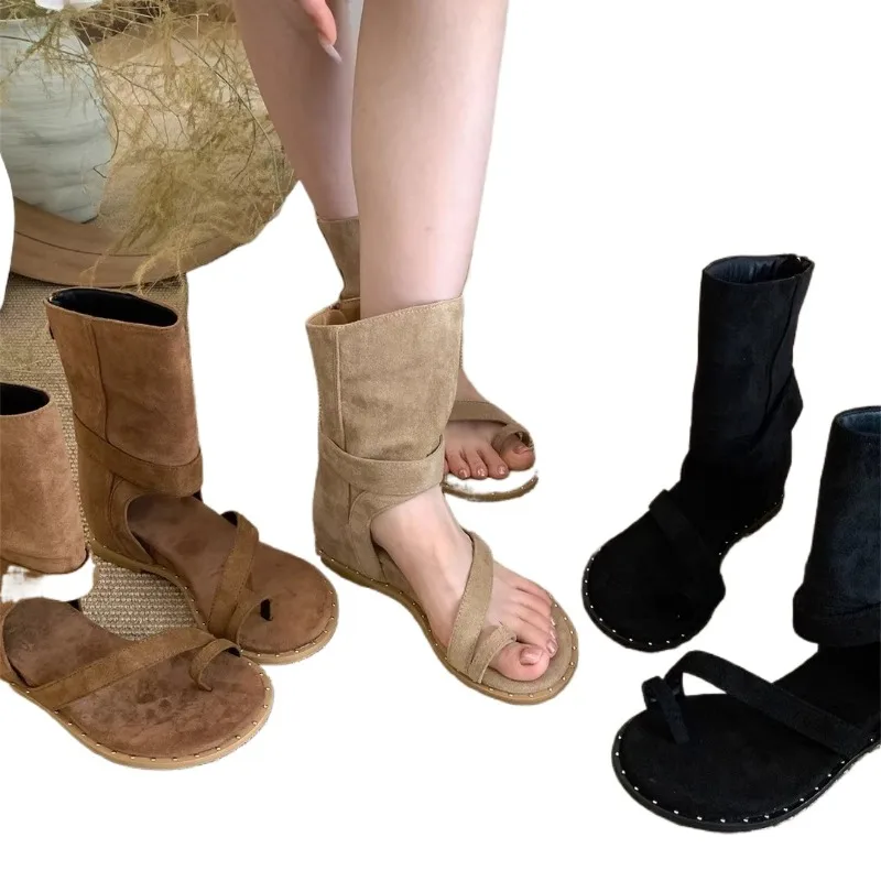 Fashion Designer Women's Sandals Boots Y2k Gothic Open Clip Toe Boots Belt Buckle Suede Knee High Booties Shoes
