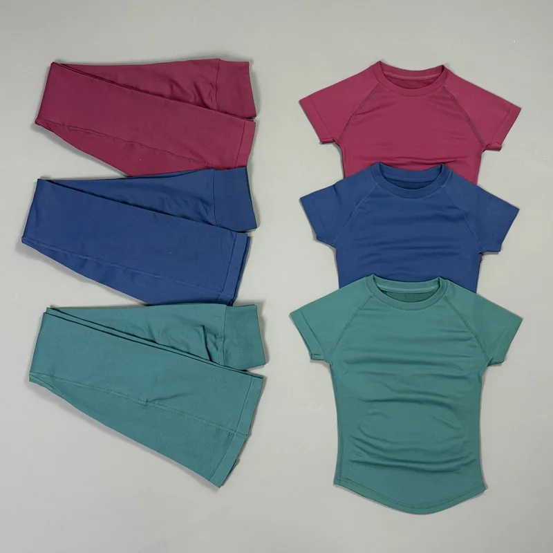 2Pcs Sports Short Sleeve Top Set Solid Color Sexy Yoga T Shirt Women Fitness Flare Leggings Seamless Gym Short Sleeve Top Set