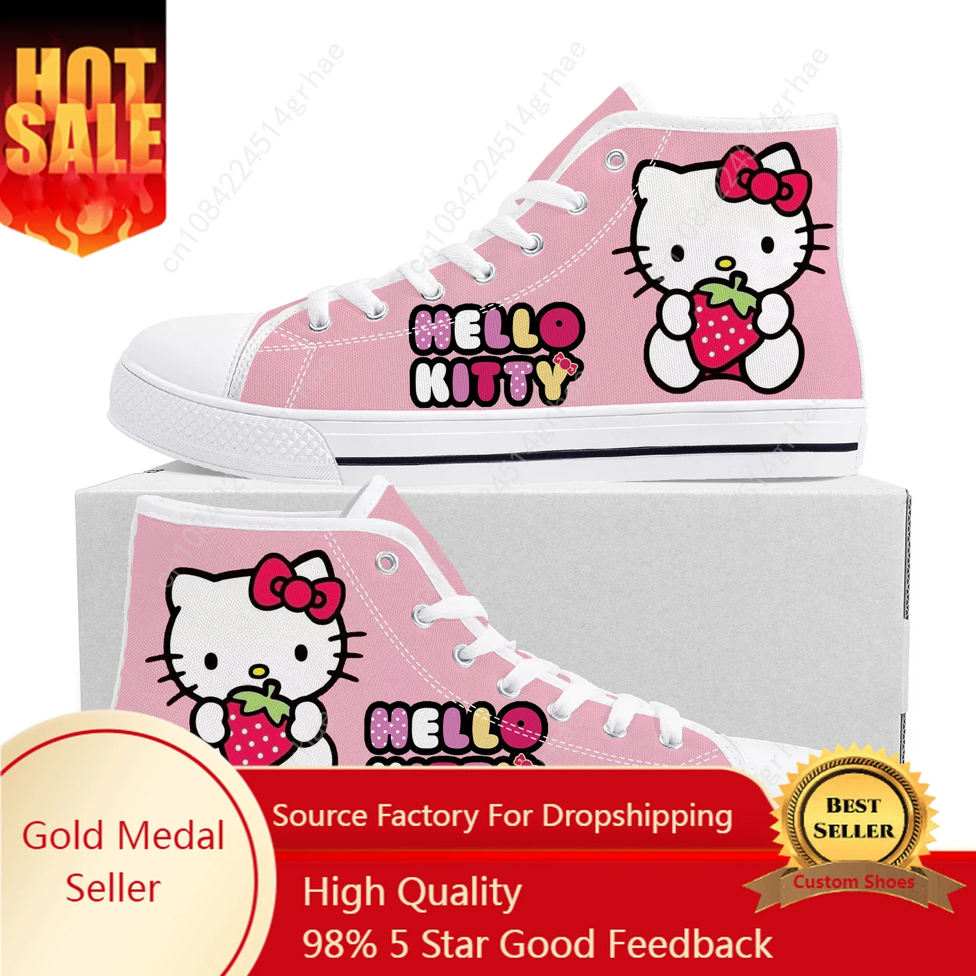 

Hello Cute Cartoon Pink Cat High Top Sneakers Mens Womens Teenager High Quality Canvas Sneaker Manga Couple Customized Shoes