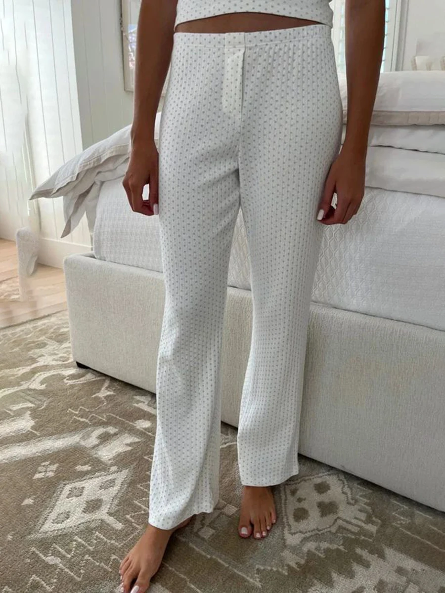 Blue Heart Eyelet Long Pants Women Summer Beige Elastic High Waist  Straight Trousers Sweet Girls Casual Cotton Home Pant Y2k