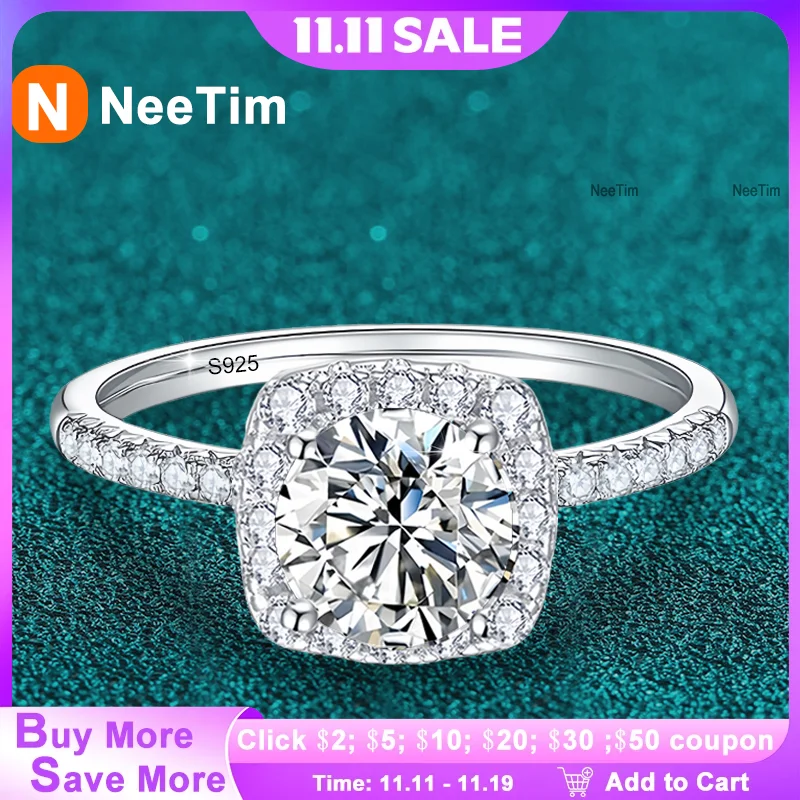 Anillo NeeTim de moissanita de Color D, Plata de Ley 925 con anillos de diamantes de laboratorio chapados en oro blanco para mujer, regalos de joyería de boda
