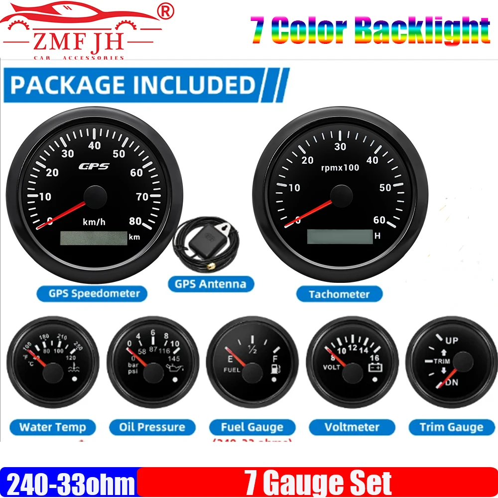 

Изготовленный на заказ 7 манометров 85 мм GPS Спидометр Тахометр 52 мм Измеритель отделки Датчик топлива Температура воды Вольтметр давления масла 7 цветов