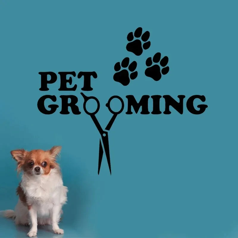 Pet Grooming Salon Window Sticker Vinyl Home Decor Trail Paw Print Scissors Decals Pet Shop Sign Logo Murals Wall sticker M23