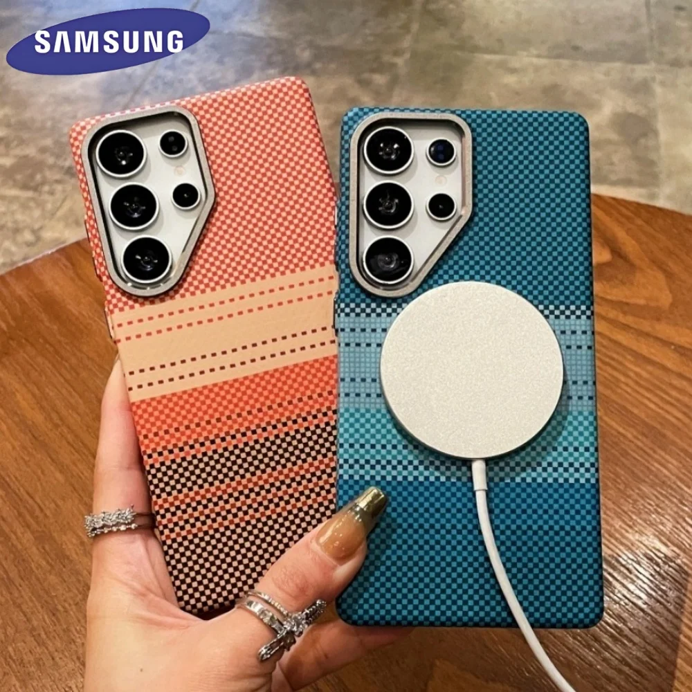 

Чехол для телефона из углеродного волокна с магнитной красочной полосатой текстурой Samsung Galaxy S25 Ultra S25 Plus MagSafe, высококачественный жесткий чехол для ПК