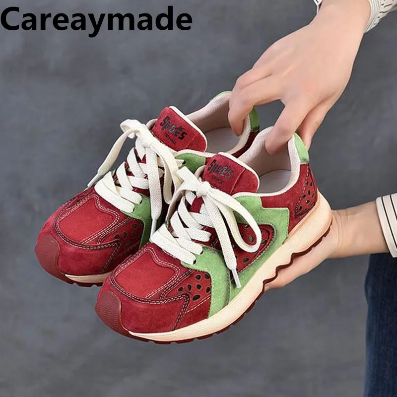

Careaymade-Cow Suede Genuine Leather Loafer Sandals Women Hollow Vulcanize Mixed Color Comfy Chunky Sneakers Summer Shoes