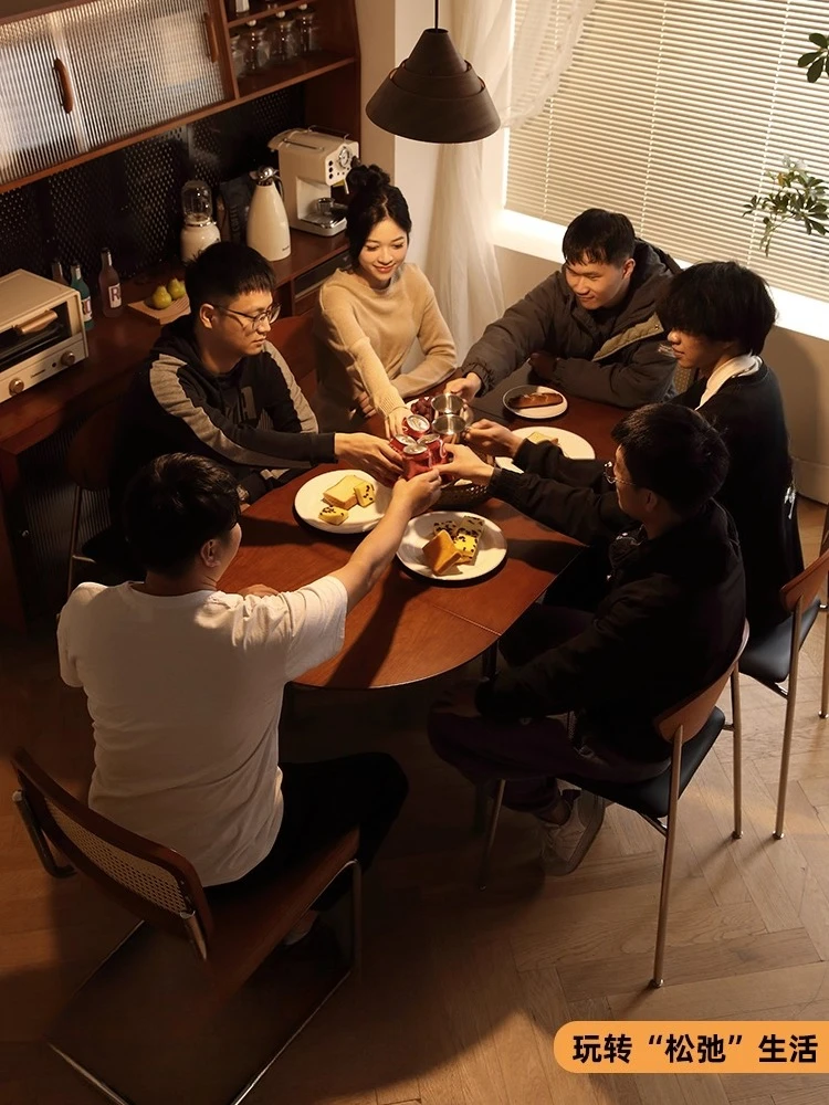Mesa de comedor plegable de madera de cerezo, mesa de comedor medieval de madera maciza y silla, mesa retráctil ovalada combinada