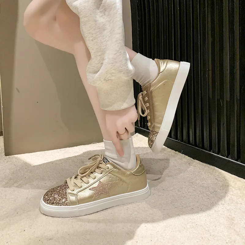 Plus Size Women 2024 New Retro Star Sneakers, Casual Comfortable Dirty Shoes Sequin Lace Up Non Slip Casual Comfortable Flats view 3