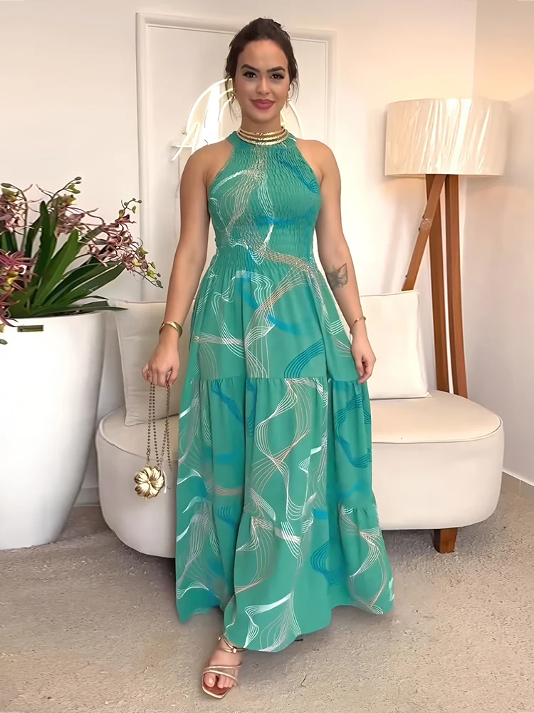 

Женское платье с лямкой на шее, летнее платье макси с эластичной резинкой на талии для отпуска, длинное летнее платье без рукавов, оптовая продажа, дропшиппинг