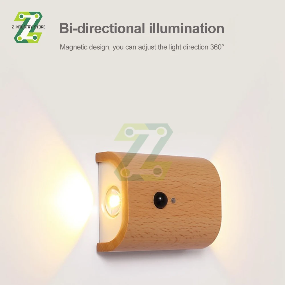 Linkage in Legno Sensore di Movimento Luci Notturne USB Ricaricabile Senza Fili LED Lampada da Parete a Induzione Camera da Letto Corridoio Cucina Luce Scale