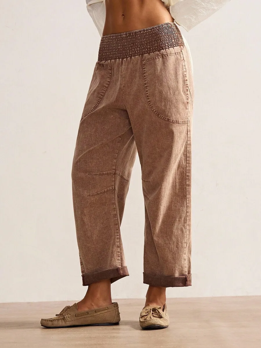 

Женские свободные тканые брюки с низкой талией и эластичным поясом, осенний повседневный стиль