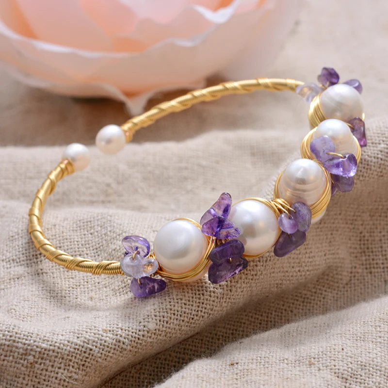 100% Natural Freshwater Pearl & Purple Crystal 14K Gold Filled Ladies Bangle Jewelry For Women Birthday Gifts New Design