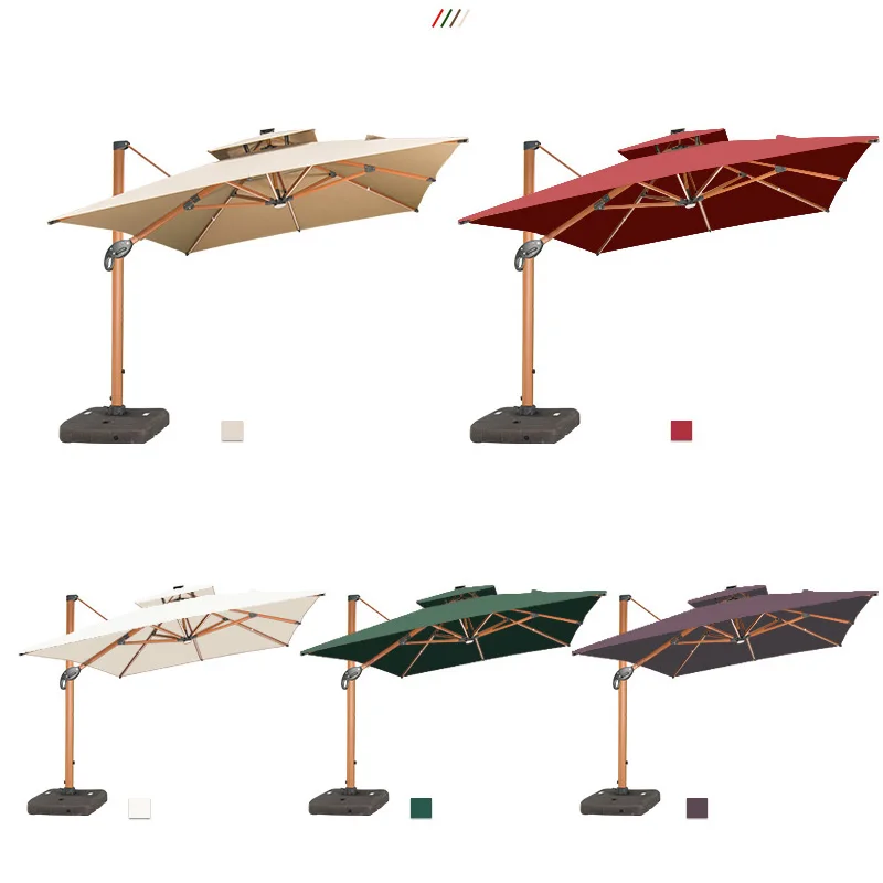 Solar Patio Large Umbrella with Led Lights, Wooden, Aluminum, Garden,  Beach, Anti-UV Cantilever, Outdoor Umbrellas with Base