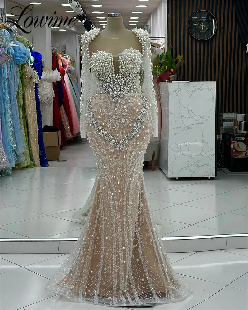 Heavy Pearls Beading Evening Dress Champagne Shiny Stones Crystals Arabic Party Gowns Women Customized Mermaid Prom Dresses 2025