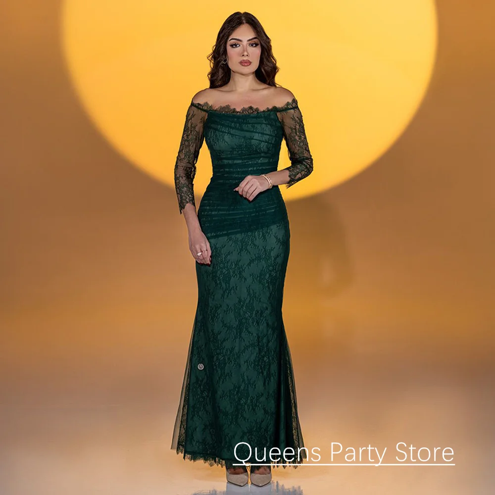 

Saudi Evening Dress Mermaid Ankle Length Customized Scoop Neck 3/4 Sleeves Pleat Lace Arabian Party Gown Prom Dresses