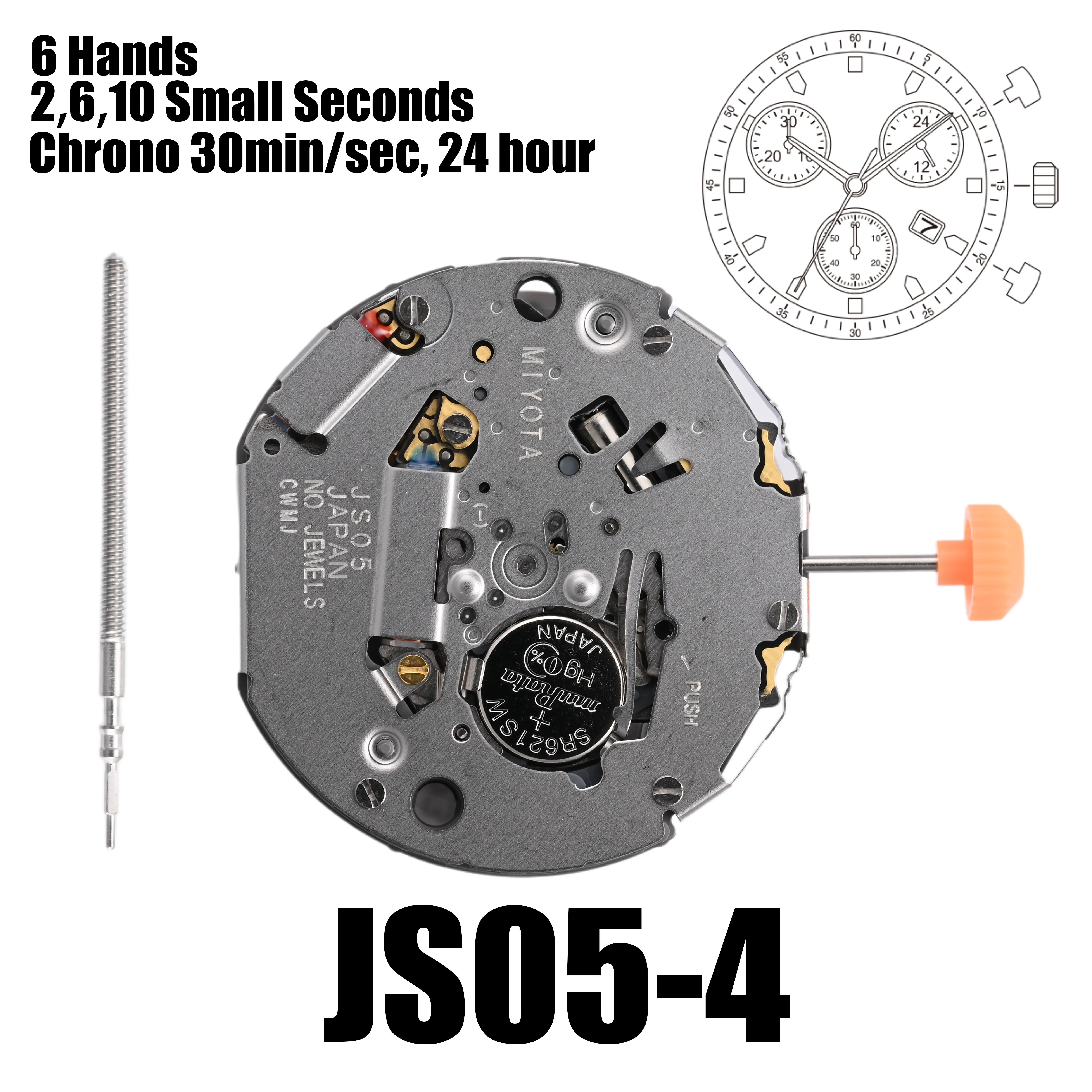 JS05 Movement Miyota JS05 Movement 2,6,10 Small Second Chronograph Chrono 30min/sec 24 hour Size 12 1/2’’’Height 4.30mm