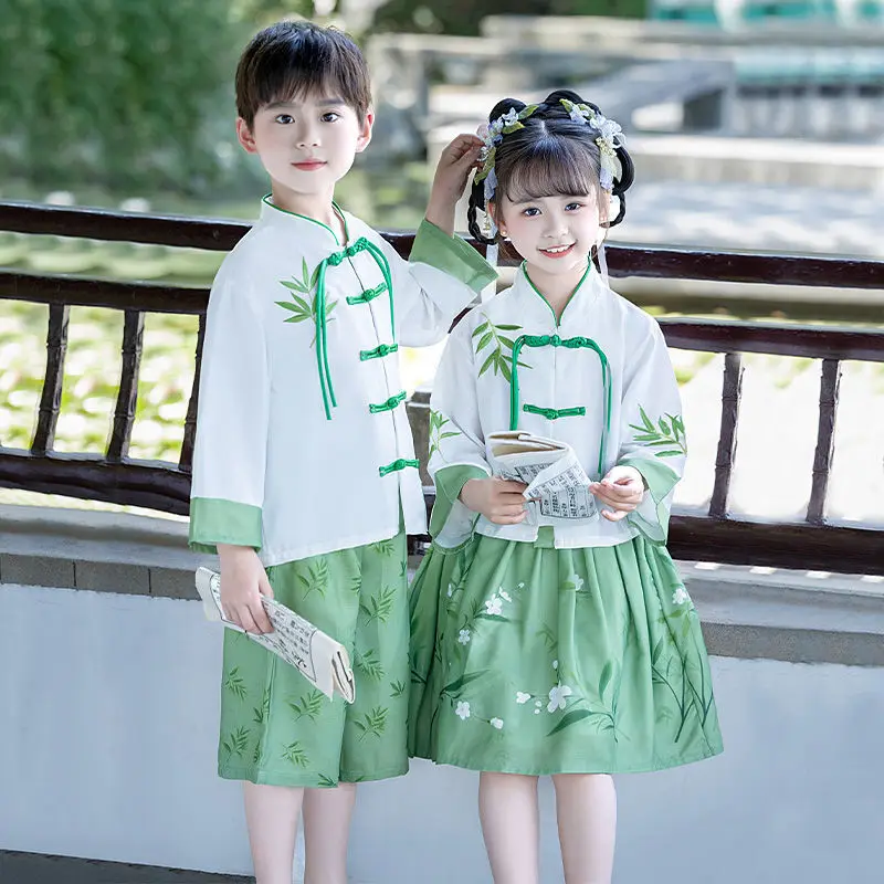 Conjunto hanfu para homens e mulheres, conjunto de duas peças, bordado em estilo chinês, conjunto de verão infantil antigo