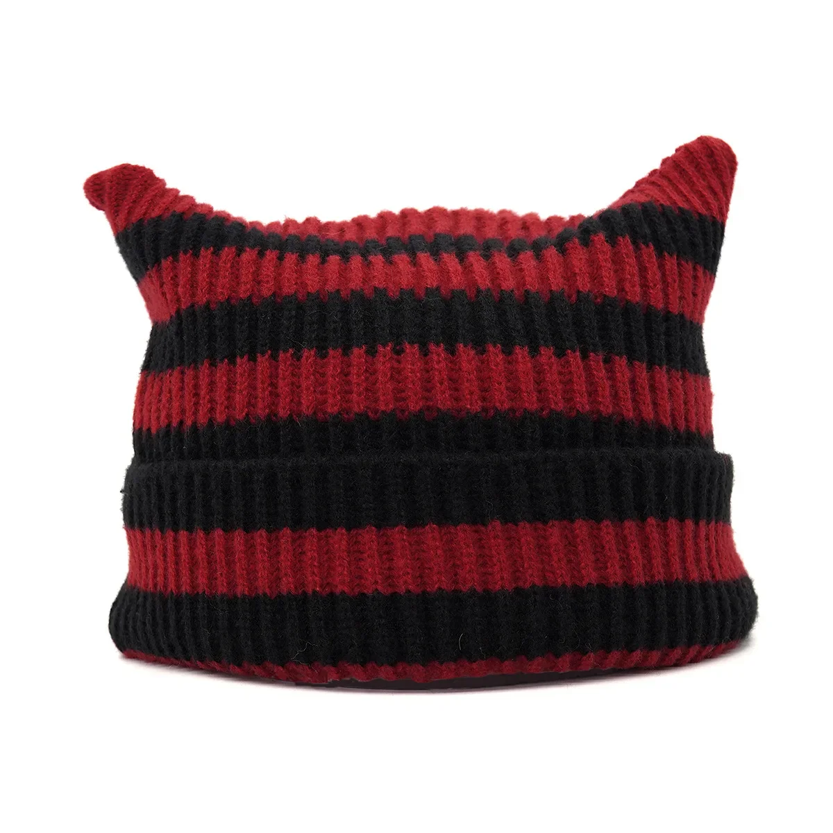 Japanese Y2K Cute Black White Striped Cat Ears Wool Hat Women Autumn Winter Warm Little Devil Hanging Ball Knitted Beanie Hat