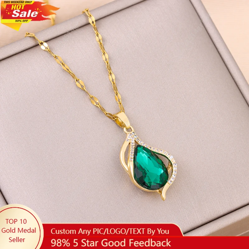 

New Vintage Style Light Luxury Green Water Drop Pendant Necklace For Women Trendy Stainless Steel Jewelry Ladies Wedding Jewelry