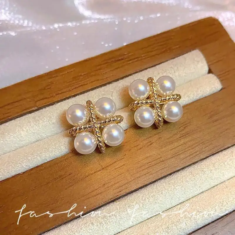 925 Silver Needle Korean Fashion Cross Pearl Earrings For Women Jewelry 2026 Trending New Luxury Women's Vintage Stud Earrings - view 4