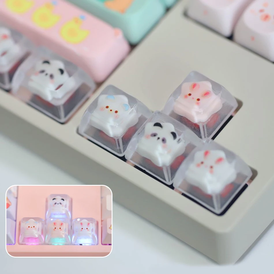 

4pcs Keyboard Directional Keycaps Game Backlight Resin Supplemented Key Rabbit Panda Five Pointed Star Pink Cross Axis Keycaps