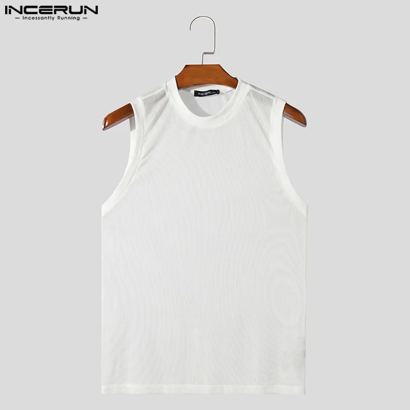 2024 Men Tank Tops Mesh Transparent Solid Color O-neck Sleeveless Summer Male Vests Sexy Streetwear Fashion Men Clothing INCERUN