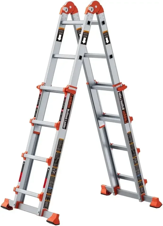 LANBITOU Ladder, A Frame 4 Step Ladder Extension, 14 FT Anti-Slip Multi Position & Storage Folding Ladder, 330 lbs Security Load