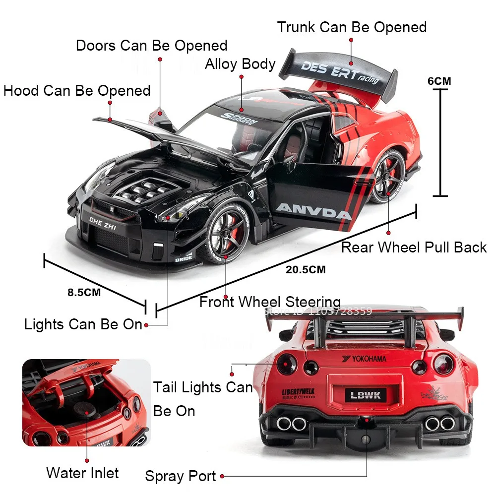 1:24 Spray GTR coches deportivos modelos de juguete aleación Diecast GTR-R34 supercares sonido luz puertas abiertas tirar hacia atrás coches de carreras regalos para niños