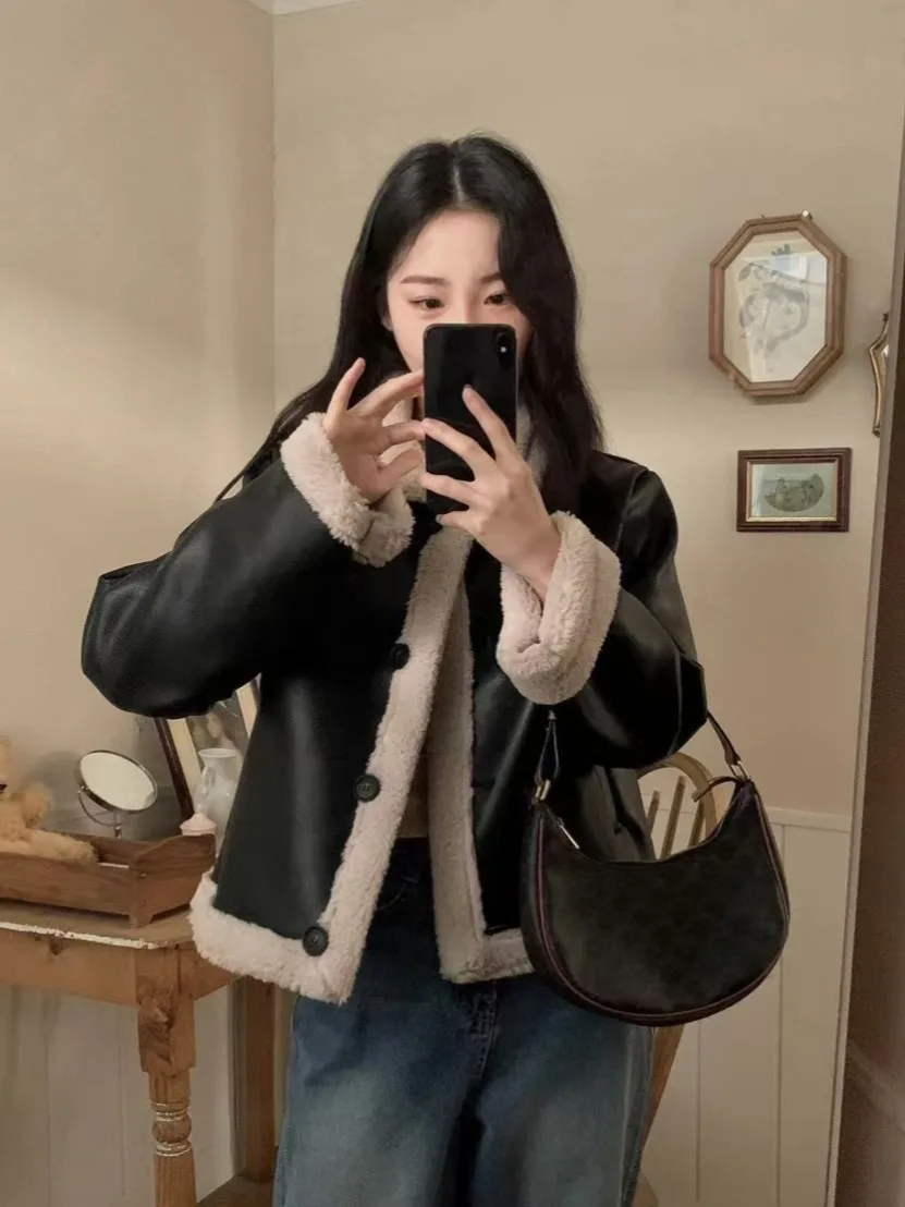 Sli Retro PU cuero Jaet abrigo de mujer piel intercalada ropa de motocicleta invierno nuevo tamaño pequeño Jaet Top