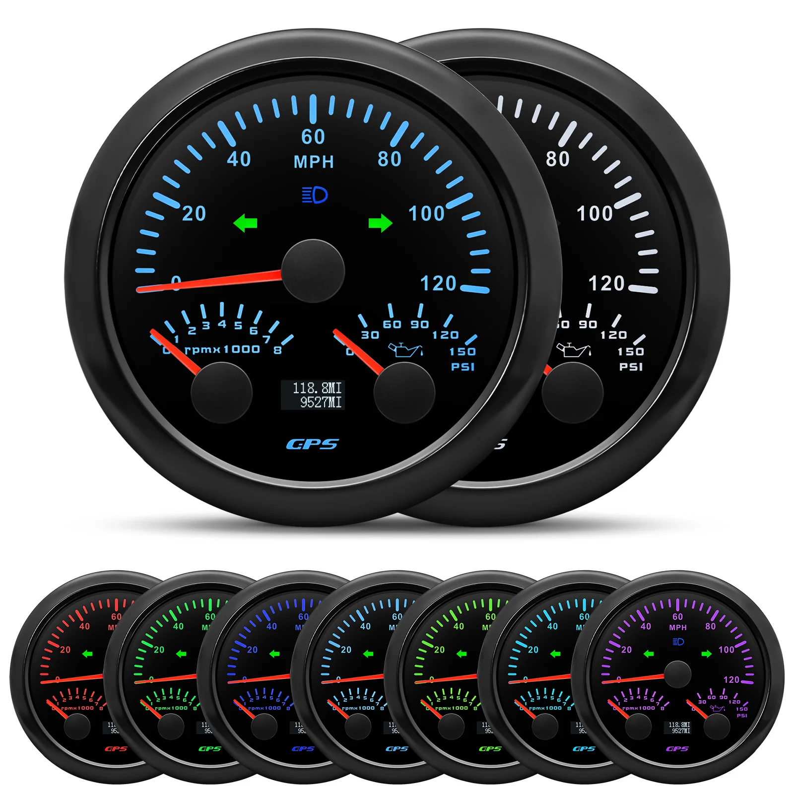 

Z Mulitfunctional 85MM Gauge 7 Color Light 120MPH GPS Speedometer Gauge+Tachometer 8000RPM +Oil Pressure Gauge for Auto Boat