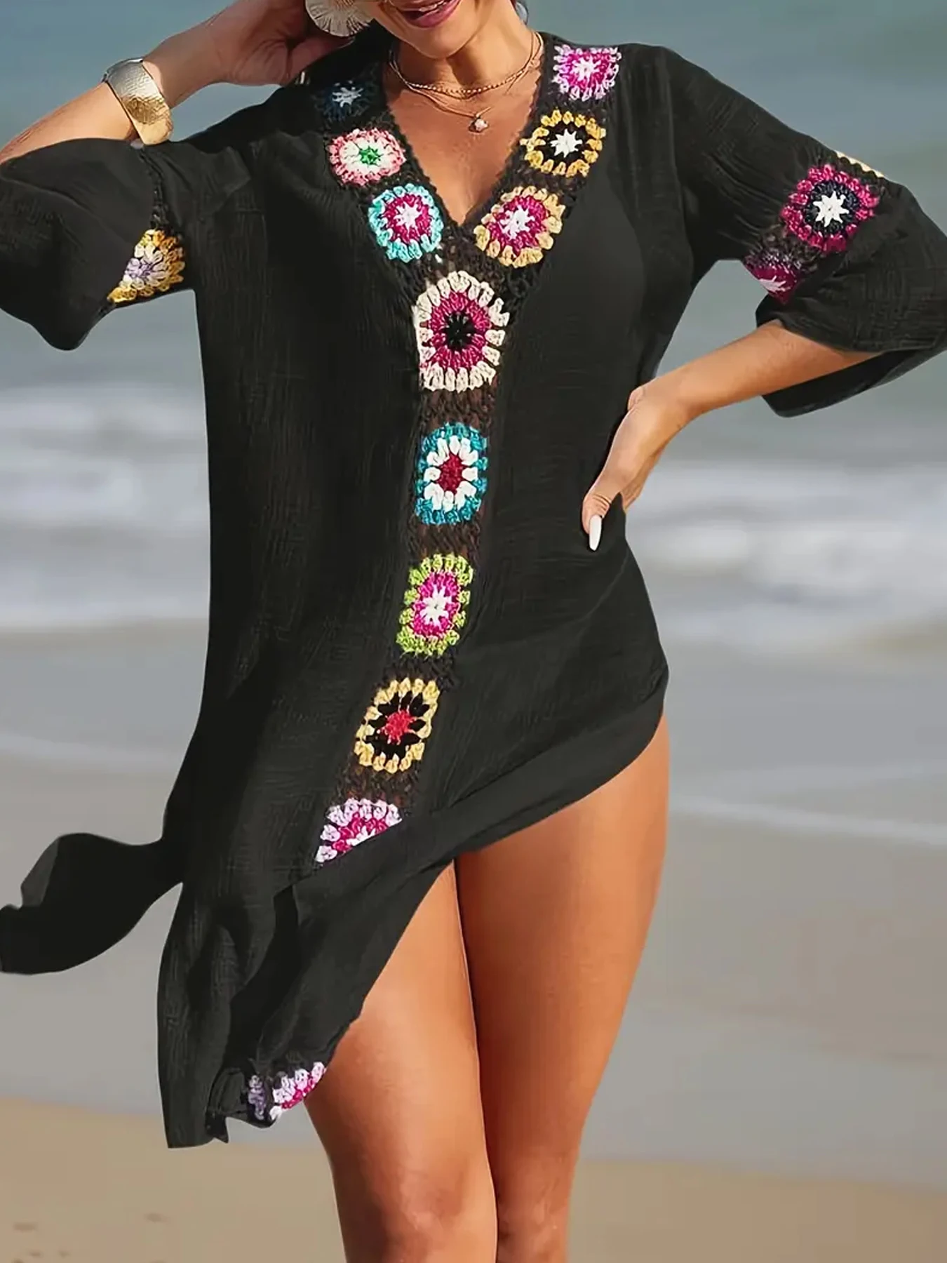 Fashion Style Hand Crochet Flower Block Beachwear Cover Up Beach Holiday Casual See-Through Dress Breathable Sunscreen Smock