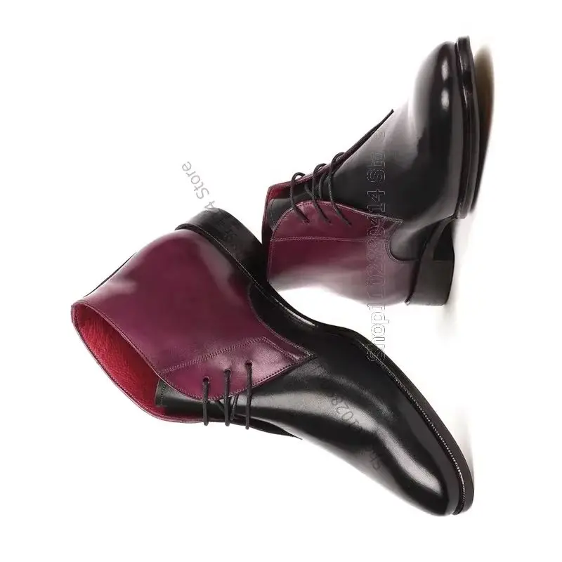 

Purple Black Leather Square Toe Strappy Ankle Boots Fashion Lace Up Men Shoes Luxury Handmade Party Feast Office Men Dress Shoes