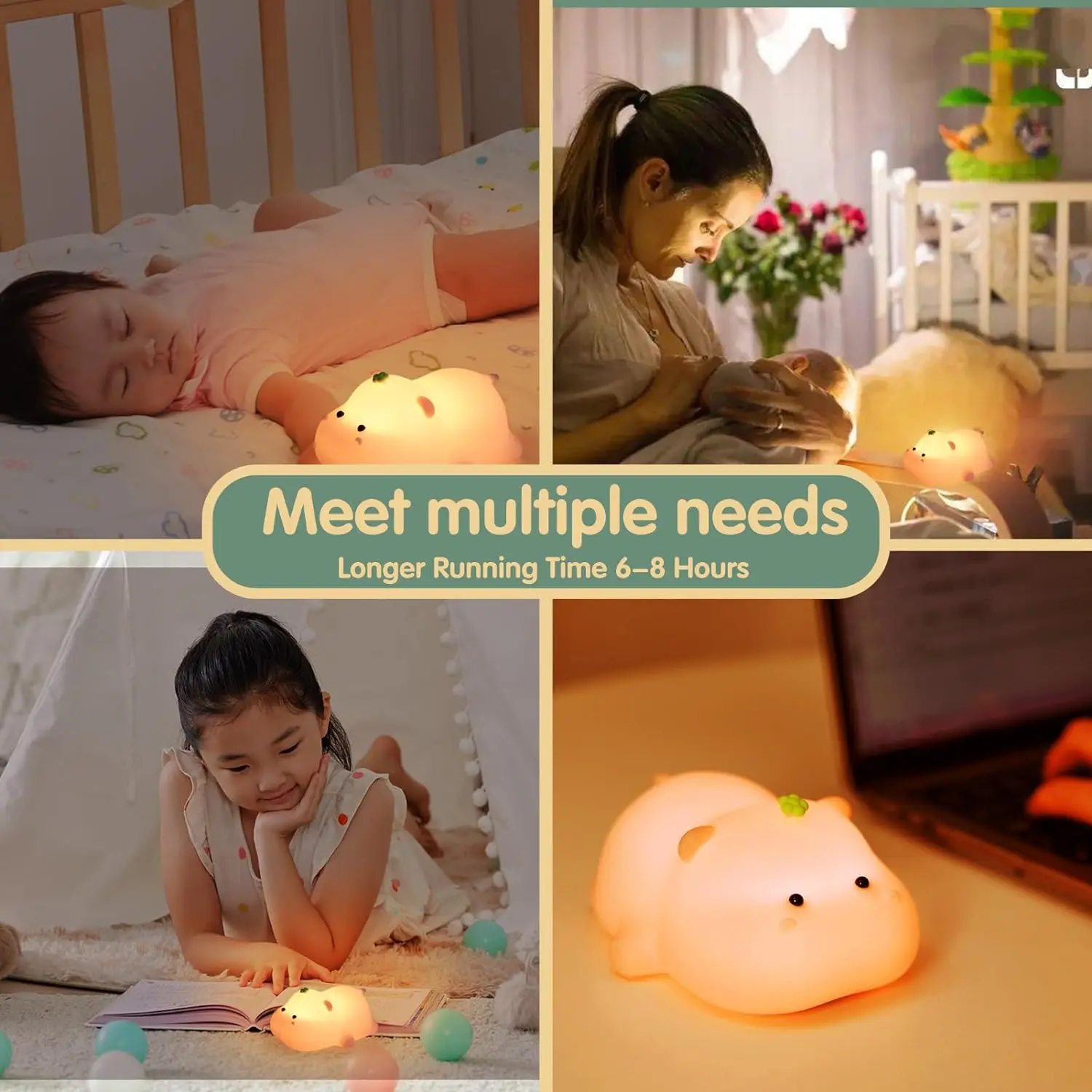 Hippo Silicone Night Light USB Rechargeable Cute Animals LED Lamp Children Gifts Dimmable Sleeping Nightlights for Bedroom Decor