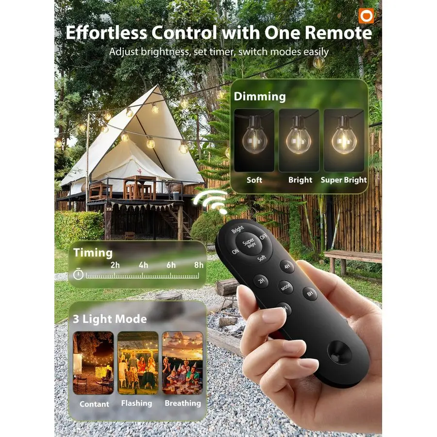 100FT Solar String Lights Outdoor with Remote, 54 LED Shatterproof Bulbs, Dimmable amp Timable, 3 Light Modes, G40 Waterproof So
