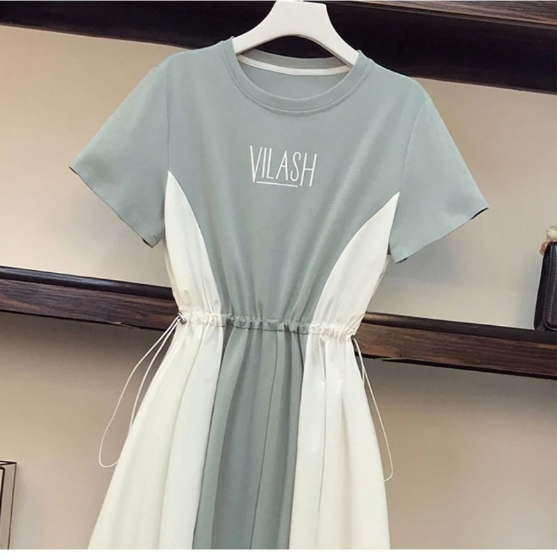 Summer New Patchwork Loose Short Sleeve Dress Letter Printing Round Neck Oversized Vintage Dresses Korean Casual Women Clothing