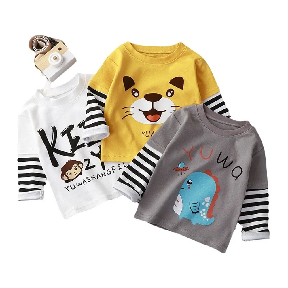 

Children's Long-Sleeved T-Shirt Cartoon Pattern Top Plaid Sleeves Autumn Winter Fashion Kid's Cotton Print Sweatshirt