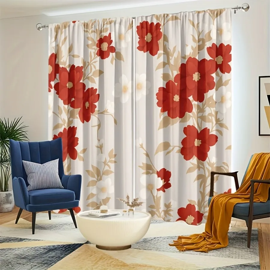 2PCS Digital Print Curtains, Red Flowers Light Brown Branches, Rustic Botanical Twig Decor Natural Earthy Tone Bedroom Drapes