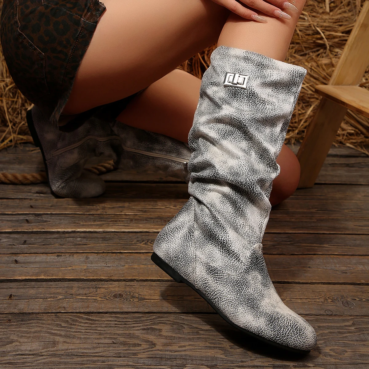 Damen-Lederstiefel, modische, plissierte Keilstiefel, lange Stiefel, runde Zehen, Herbst/Winter, einfarbige Slip-on-Schuhe, Damen-High-Boots – Detail 8