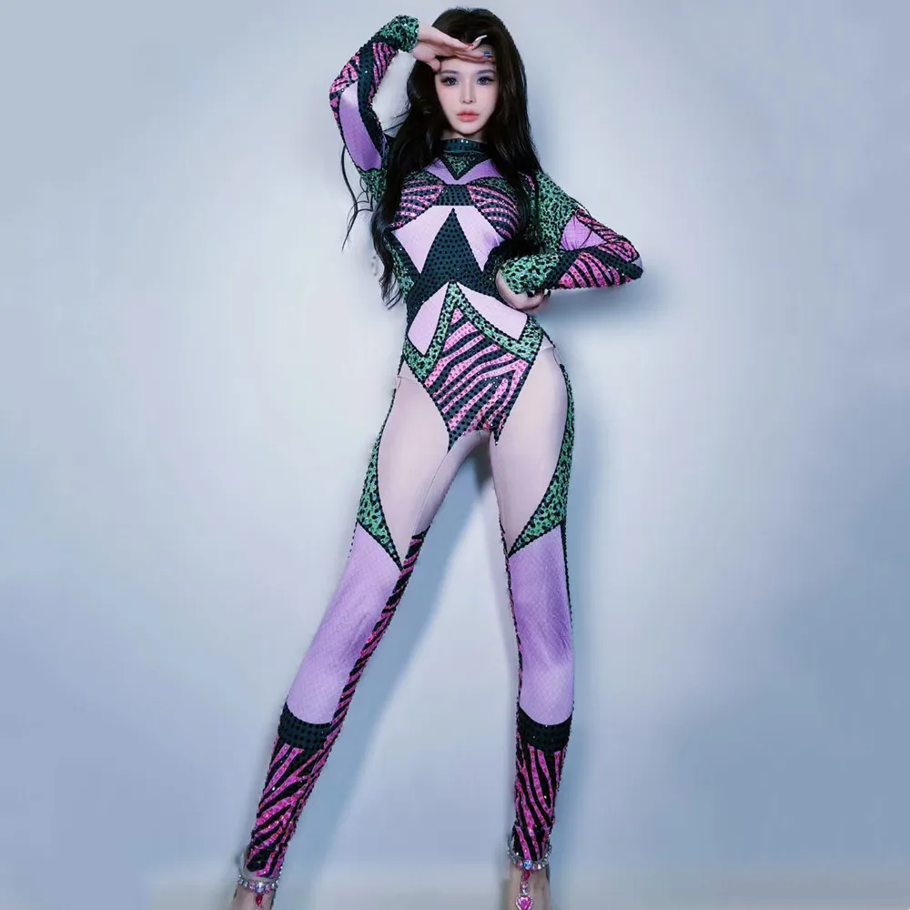 Sparkly Rhinestones Jumpsuit for Women Sexy Nightclub Birthday Party Rompers Stage Wear DJ Dancer Leotard Performance Costume
