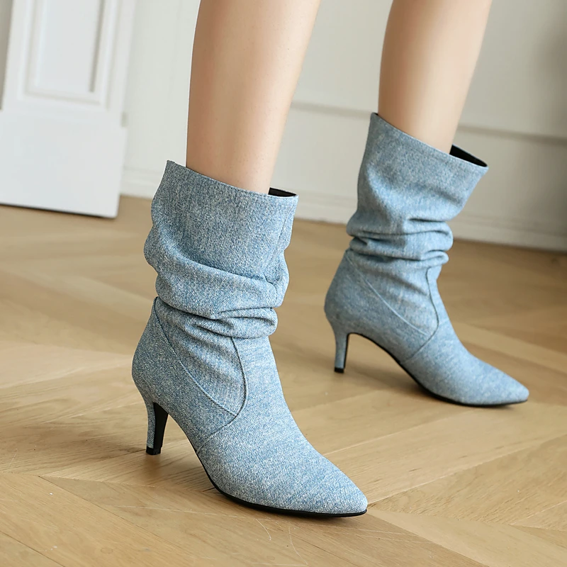 Faux Suede Leather Denim Jeans Pointed Toe Slip-on Botines Pleated Pattern Women Sexy Stretch Ankle Boots Spike Heels Rozmiar 47 48