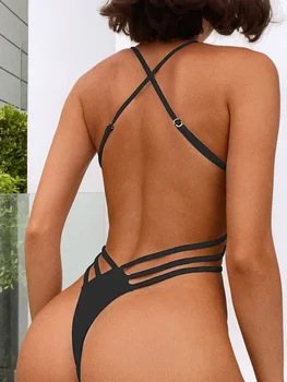 Sexy Criss Cross rücken freie hoch geschnittene weibliche Bade bekleidung einteilige Badeanzug Frauen extreme String Tanga Monokini Badeanzug Schwimm dame