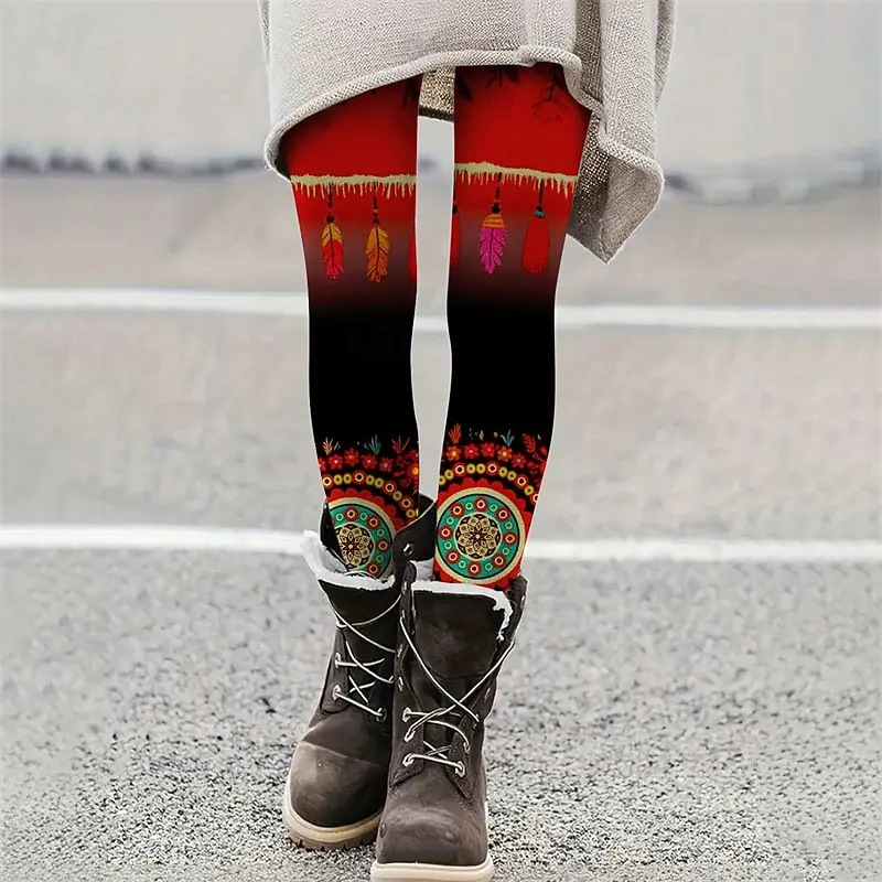 Celana wanita legging nyaman gaya bohemian etnik kasual dengan pinggang elastis motif bulu bernapas nyaman untuk gaya jalanan.