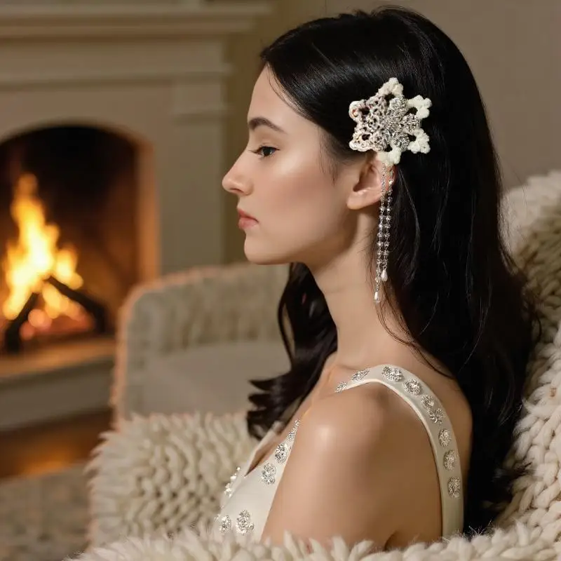 1 paire de pinces à cheveux flocon de neige, pompon en strass, Clip latéral moelleux pour femmes et filles, accessoires pour cheveux doux de tempérament