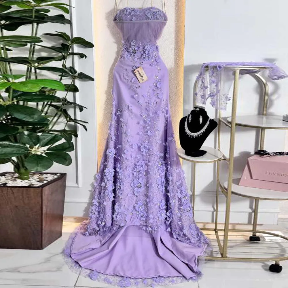 

Customized Floral Evening Dress with Detachable Sleeve Strapless Flower Lace vestidos de gala Purple Mermaid Gown