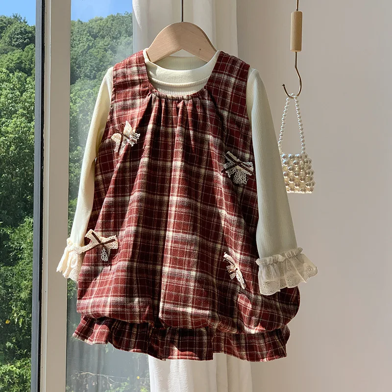 

Girls' Loose Suit Spring and Autumn New Style2025Long Sleeve Base Shirt Plaid Vest Dress Children's Casual Two-Piece Set