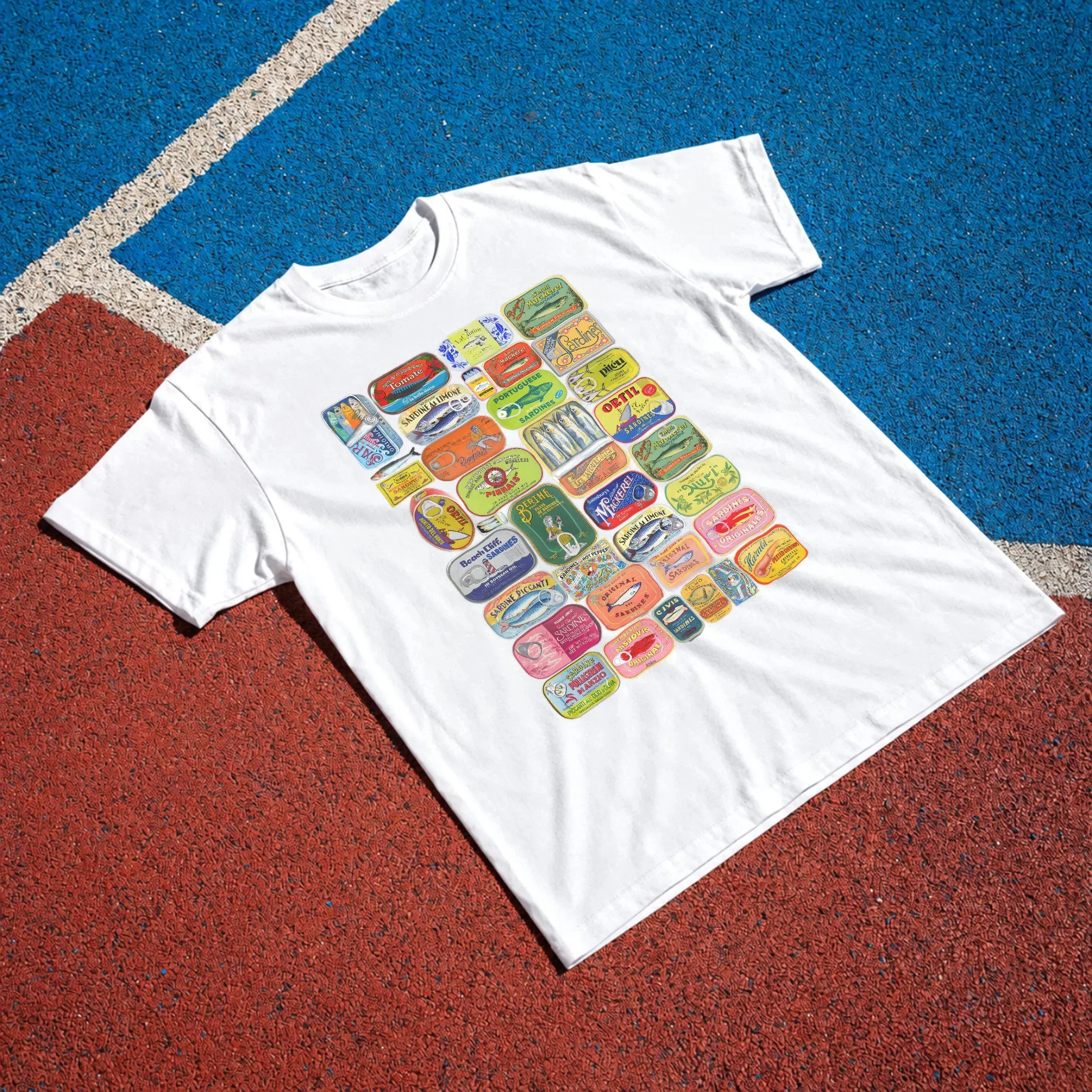 Summer Women's Vintage Sardine Cans Print T-shirt Streetwear Oversized Loose Casual Short Sleeve Suitable for All Seasons