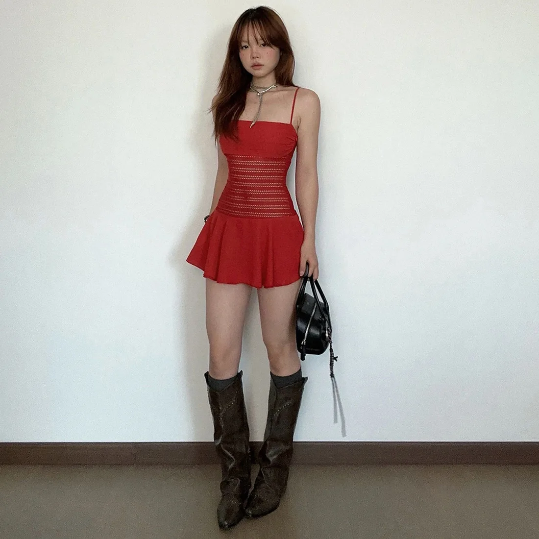 DSMTRC Mini abito estivo nuovo stile spiaggia per donna Abiti da festa da club a trapezio senza maniche con cinturino per spaghetti rosso trasparente